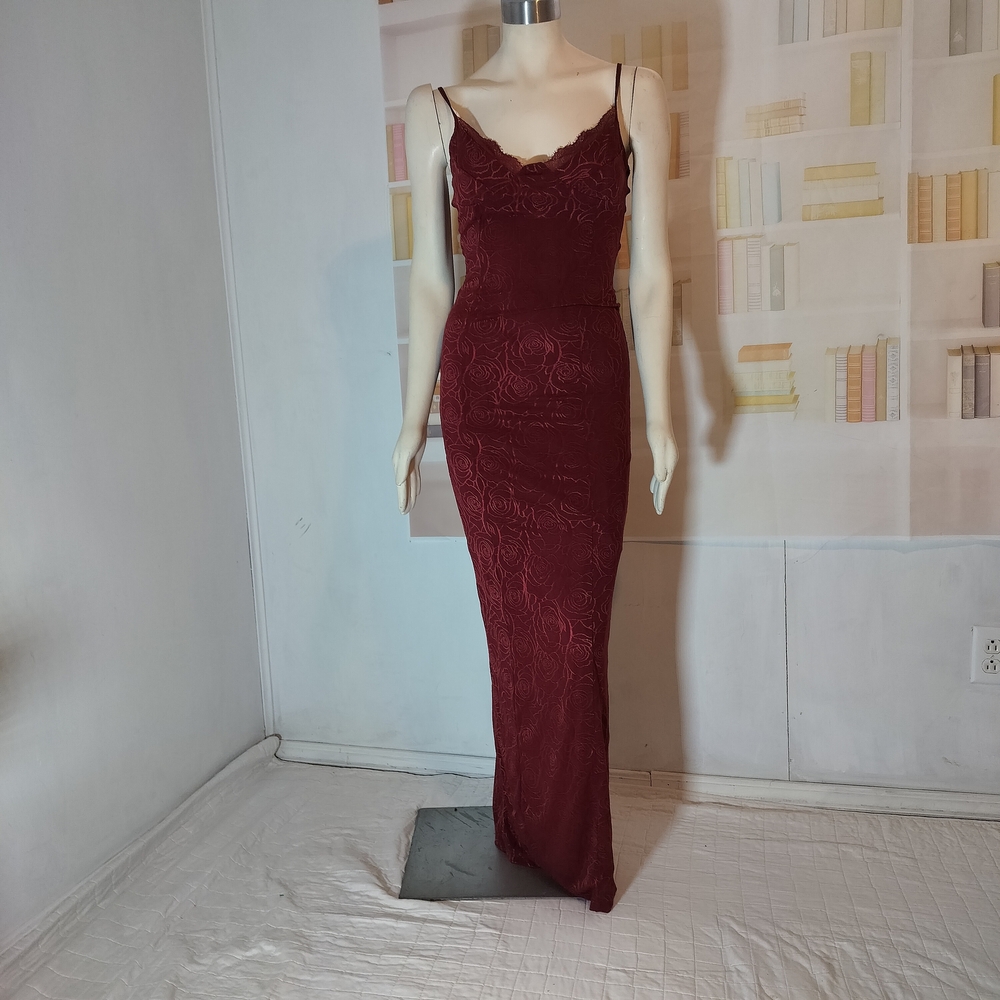 Fashion Nova Burgundy Lace Maxi Dress with Spaghetti Straps